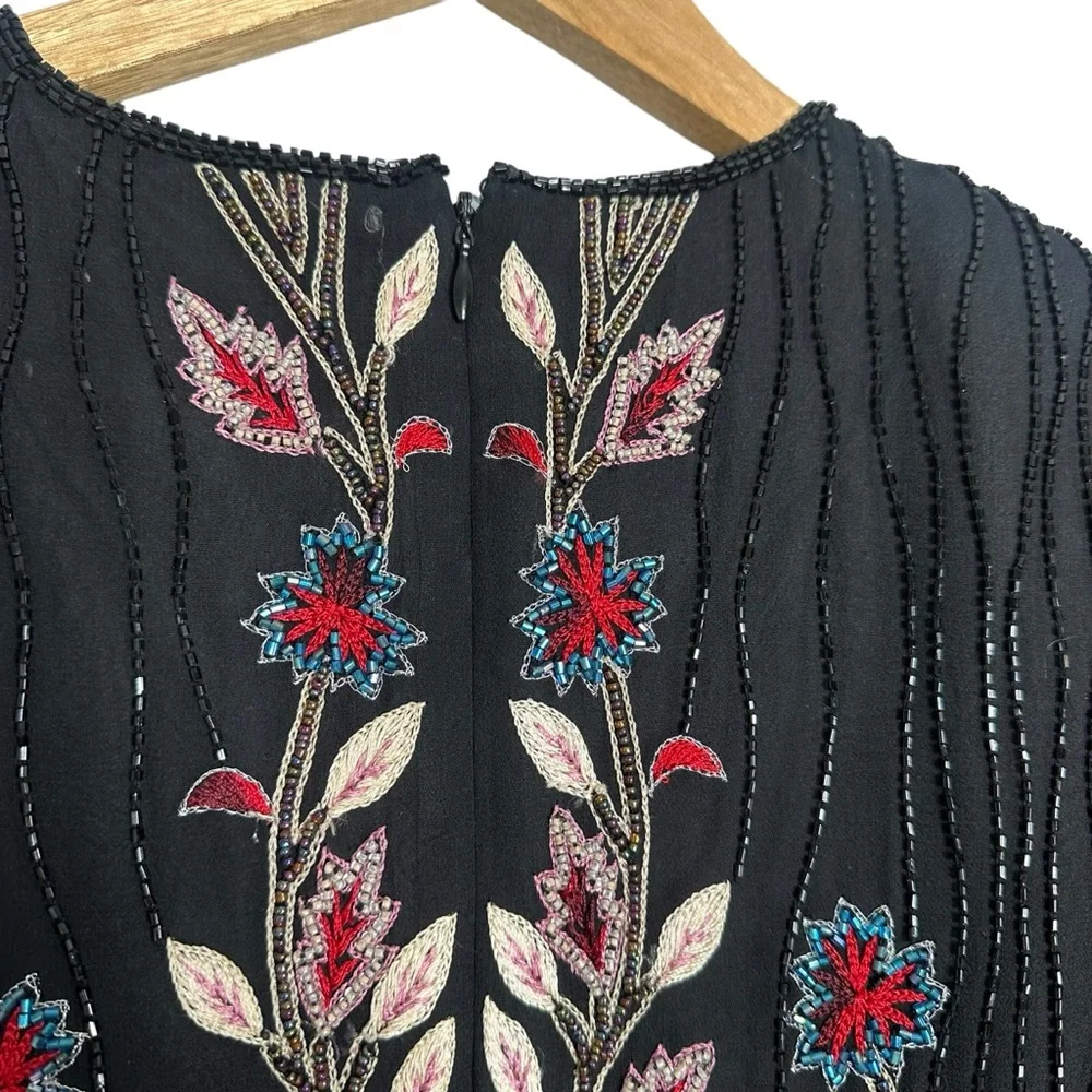 Vintage Adrianna Papell Silk Embroidered Beaded Floral Blouse Top